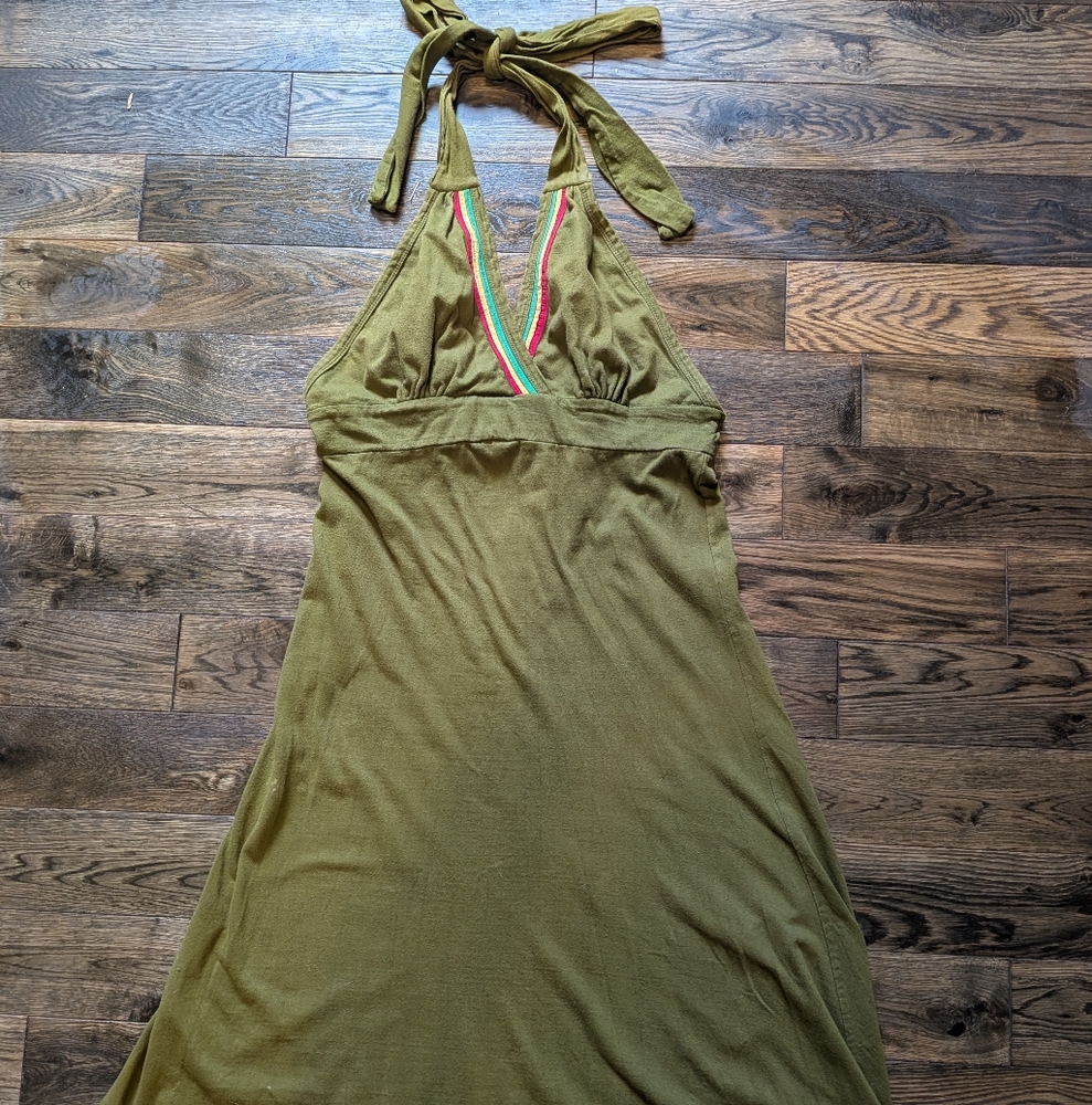 Olive Halter Dress with Red and Green Trim